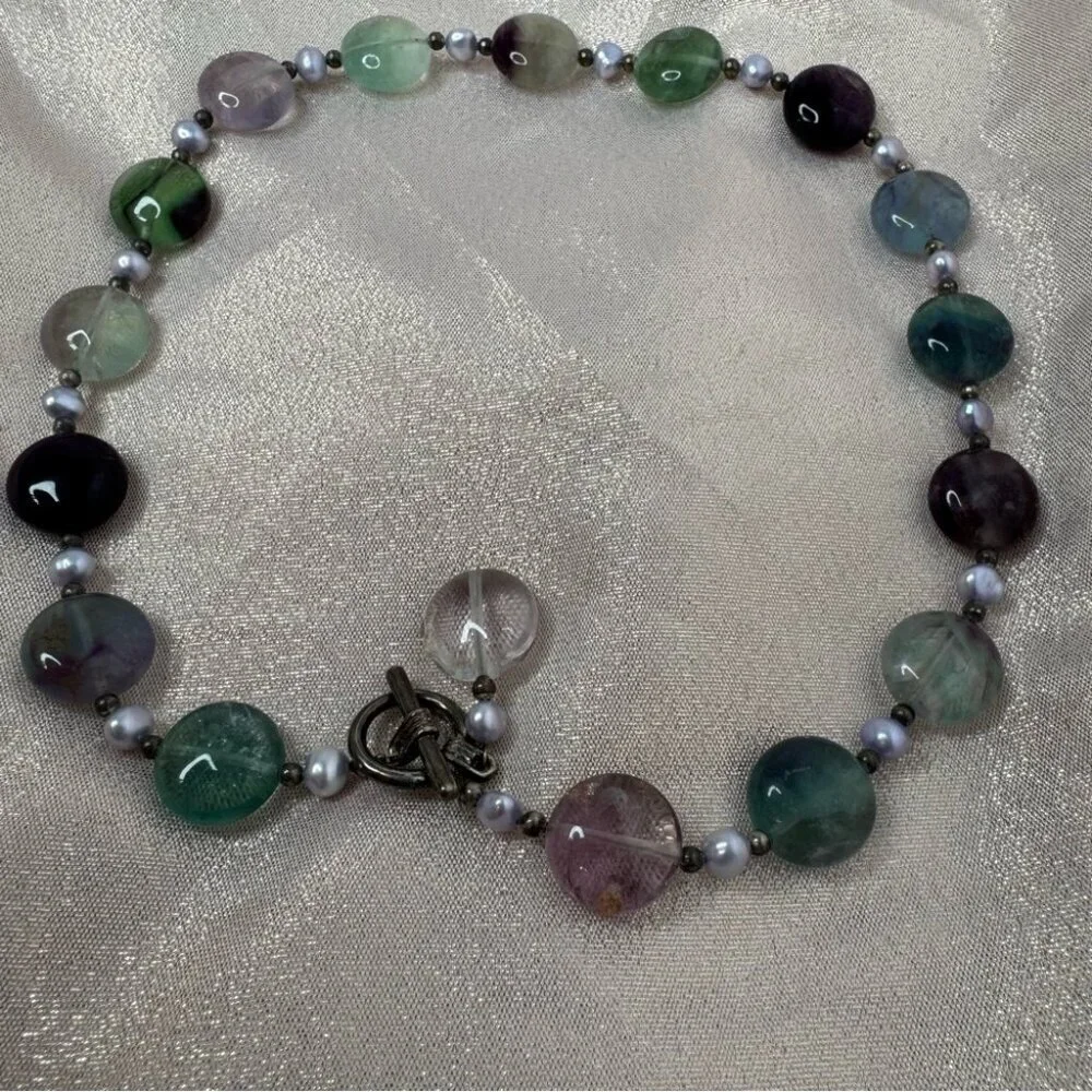 Fluorite necklace toggle beaded purple green blue crystal geode rock luxe